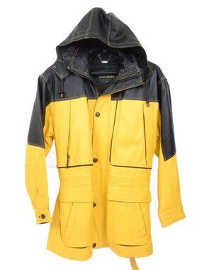 VTG 90s Euro Mond Leather Hooded Lined Jacket Yellow Black Colorblock Coat MEN S